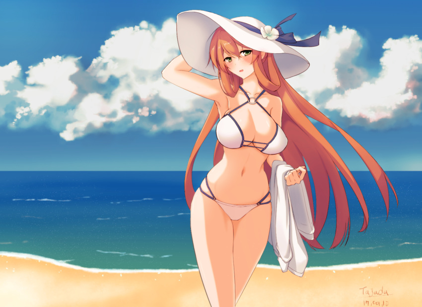 alternate_costume armpits bangs bare_arms bare_shoulders beach bikini blue_sky blush breasts brown_hair character_name cleavage closed_mouth cloud commentary_request cowboy_shot crossed_legs dated day eyebrows_visible_through_hair girls_frontline green_eyes groin hair_between_eyes hair_ribbon hair_rings hand_on_headwear hat head_tilt highres holding_shirt large_breasts long_hair looking_at_viewer m1903_springfield_(girls_frontline) navel o-ring o-ring_top ocean open_mouth outdoors ribbon ribs sand shirt_removed sidelocks signature skindentation sky smile solo stomach summer sun_hat swimsuit tajada thighs very_long_hair wind