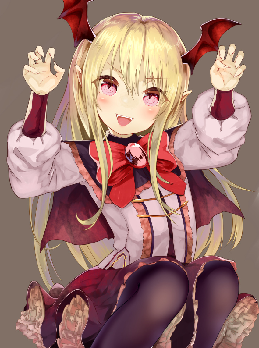 :d absurdres black_legwear blonde_hair bow bowtie brown_background capelet eyebrows_visible_through_hair fangs floating_hair granblue_fantasy hair_between_eyes head_wings highres horns layered_skirt long_hair looking_at_viewer miniskirt open_mouth pantyhose petticoat red_bow red_eyes red_wings simple_background sitting skirt smile solo vampy very_long_hair wings yamato_(muchuu_paradigm)