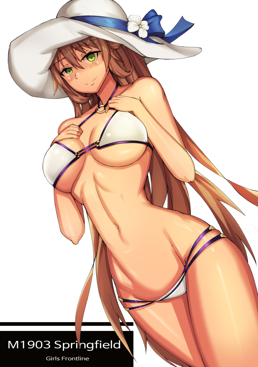 absurdres alternate_costume bangs bare_arms bare_shoulders bikini blush breasts brown_hair character_name cleavage closed_mouth clyde_s commentary cowboy_shot crossed_legs eyebrows_visible_through_hair girls_frontline green_eyes groin hair_between_eyes hair_ribbon hair_rings hands_on_own_breasts hat highres large_breasts long_hair looking_at_viewer lowleg lowleg_bikini m1903_springfield_(girls_frontline) navel o-ring o-ring_top ponytail ribbon ribs sidelocks simple_background skindentation smile solo stomach sun_hat swimsuit thighs white_background