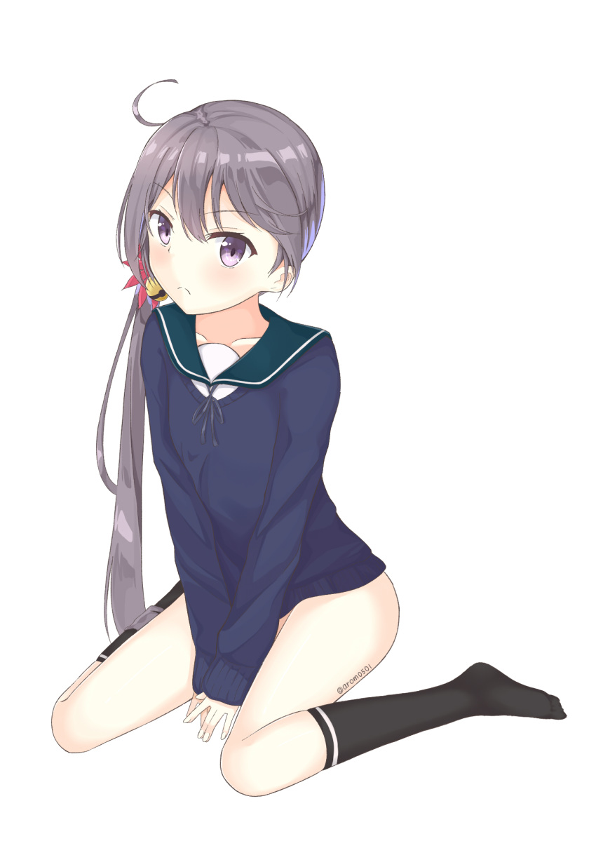 akebono_(kantai_collection) aroma0501 bangs bell between_legs black_legwear blue_sweater blush closed_mouth collarbone commentary_request eyebrows_visible_through_hair fingernails flower green_sailor_collar grey_hair hair_bell hair_between_eyes hair_flower hair_ornament hand_between_legs highres jingle_bell kantai_collection kneehighs long_hair long_sleeves looking_at_viewer no_pants no_shoes purple_eyes red_flower sailor_collar school_uniform serafuku shirt side_ponytail sidelocks simple_background sleeves_past_wrists solo sweater thighs twitter_username very_long_hair white_background white_shirt