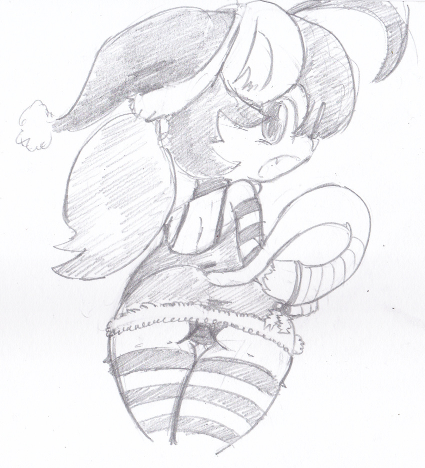 anthro black_bottomwear black_clothing black_panties butt cat christmas clothing dress feline female fur hair hat hi_res holidays legwear looking_back mammal midori_(catwithbenefits) santa_hat sketch sleeves stockings striped_legwear striped_stockings stripes surprise tail_ornament thigh_highs traditional_media_(artwork) upskirt vono