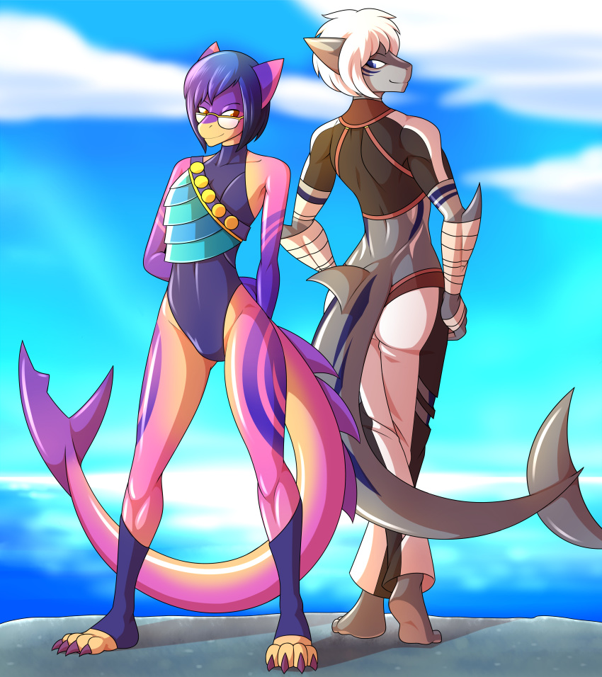 anthro bandage beach cetana clothed clothing duo eyewear feet female fish full_body glasses hi_res island marik_azemus34 marine muscular one-piece_swimsuit sea seaside setra shark swimsuit tight_clothing water