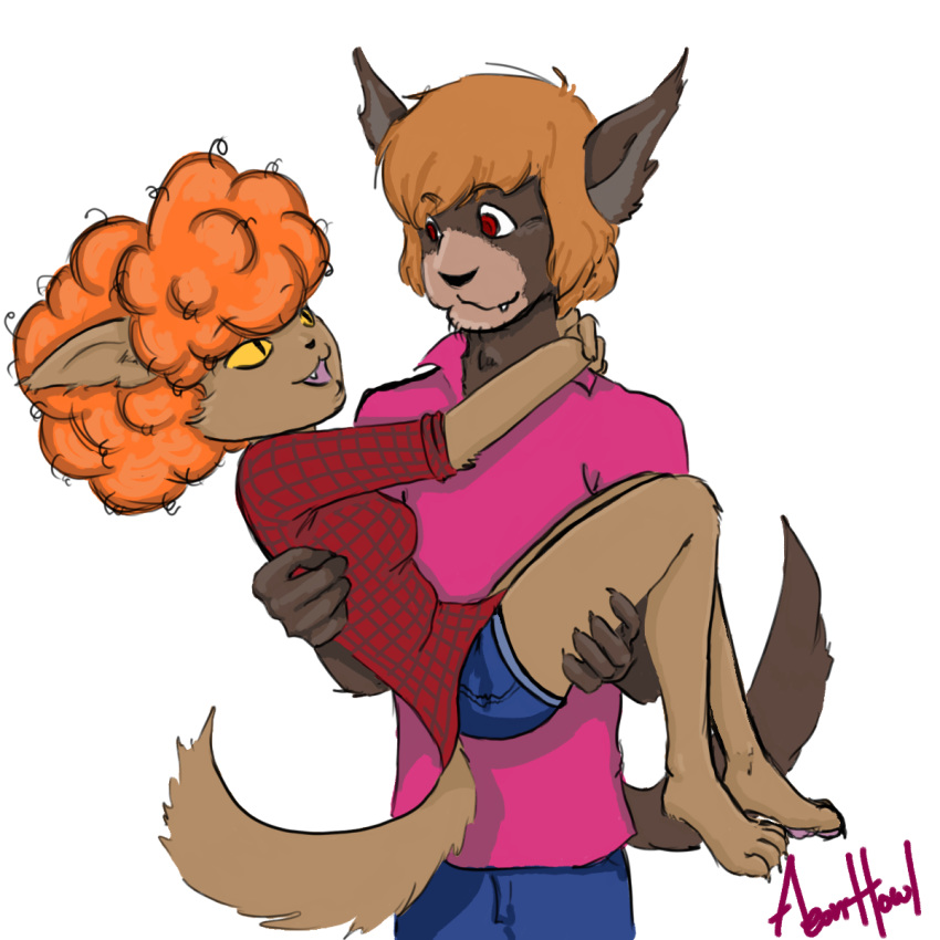 &lt;3 aeonhowl anthro barefoot brown_hair canine carrying cheek_tuft claws clothed clothing crossover cute_fangs duo elbow_tufts fangs female fur ghoul_school hair male mammal open_mouth orange_hair pawpads red_eyes red_hair reluctant_werewolf scooby-doo_(series) shaggy shaggy_rogers shorts simple_background slit_pupils smile toe_claws tuft were werewolf white_background winnie_werewolf yellow_eyes yellow_sclera