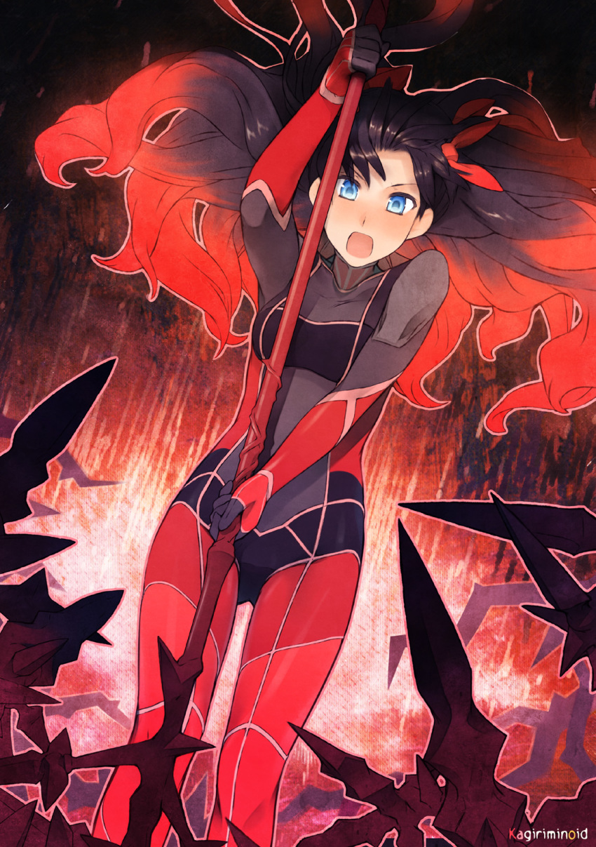 ass_visible_through_thighs black_bodysuit black_hair blue_eyes blush bodysuit breasts commentary_request cosplay fate/extra fate_(series) gae_bolg gradient_hair hair_ribbon highres holding holding_weapon lancer lancer_(cosplay) multicolored multicolored_bodysuit multicolored_clothes multicolored_hair open_mouth polearm red_bodysuit red_hair ribbon skin_tight small_breasts solo spear takano_kou tied_hair toosaka_rin toosaka_rin_(lancer) weapon