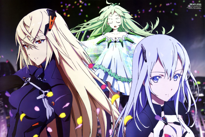 absurdres beatless black_bodysuit blonde_hair bodysuit breasts city cleavage_cutout closed_eyes cloud dress expressionless green_hair highres katou_hiromasa lavender_eyes lavender_hair leicia long_hair looking_at_viewer magazine_request magazine_scan medium_breasts methode multiple_girls night official_art open_mouth orange_eyes outdoors petals scan smile snowdrop_(beatless) strapless strapless_dress thick_eyebrows white_dress