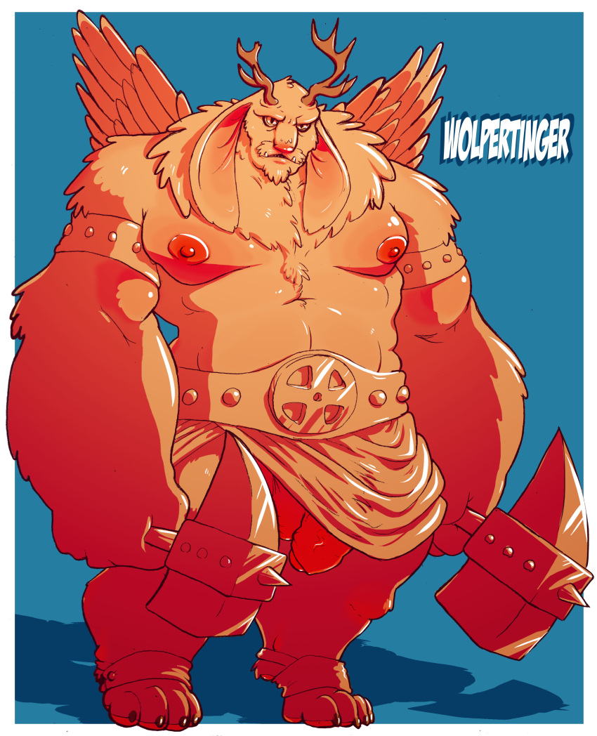 balls belt border clothed clothing dogfu facial_hair feathered_wings feathers flaccid goatee hammer hi_res horn humanoid ineffective_clothing long_ears looking_at_viewer male monster penis simple_background solo thick_penis tools topless vein veiny_penis wings wolpertinger