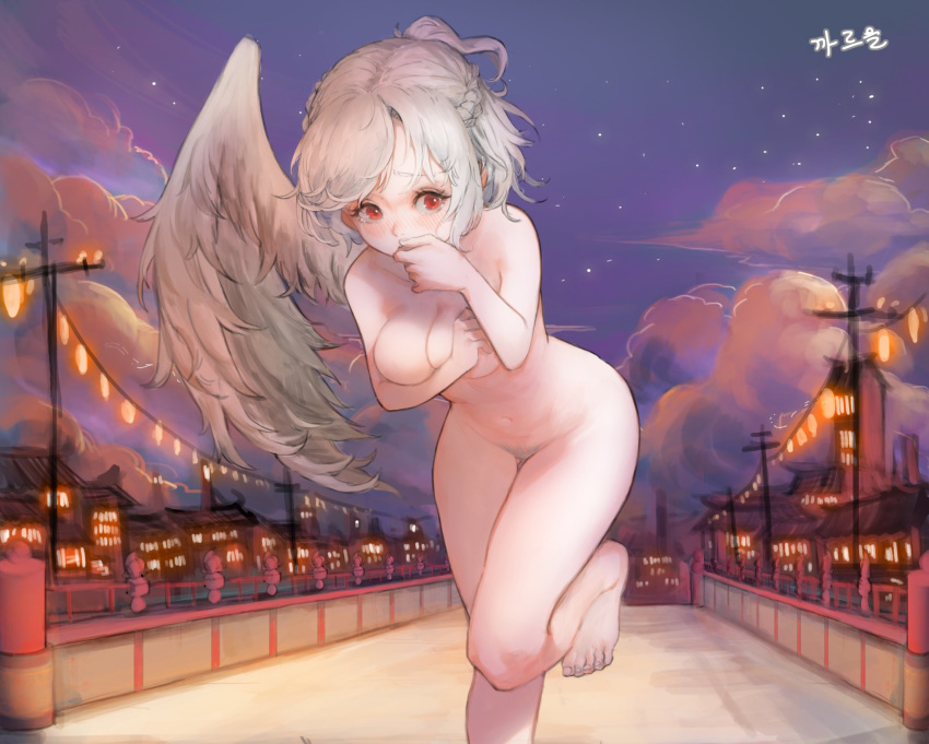 barefoot blush braid breasts covering covering_breasts covering_mouth covering_nipples embarrassed french_braid heoningu highres hips kishin_sagume looking_at_viewer medium_breasts messy_hair moderate_pubic_hair navel night night_sky nude outdoors pubic_hair red_eyes short_hair single_wing sky solo tears thigh_gap touhou town twilight white_hair white_pubic_hair wings