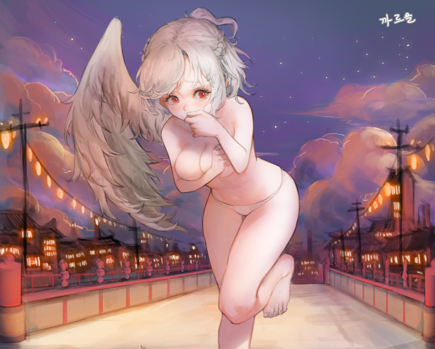 barefoot blush braid breasts covering covering_breasts covering_mouth covering_nipples embarrassed french_braid heoningu highres hips kishin_sagume looking_at_viewer medium_breasts messy_hair navel night night_sky non-web_source outdoors panties red_eyes short_hair single_wing sky solo tears thigh_gap topless touhou town twilight underwear underwear_only white_hair white_panties wings