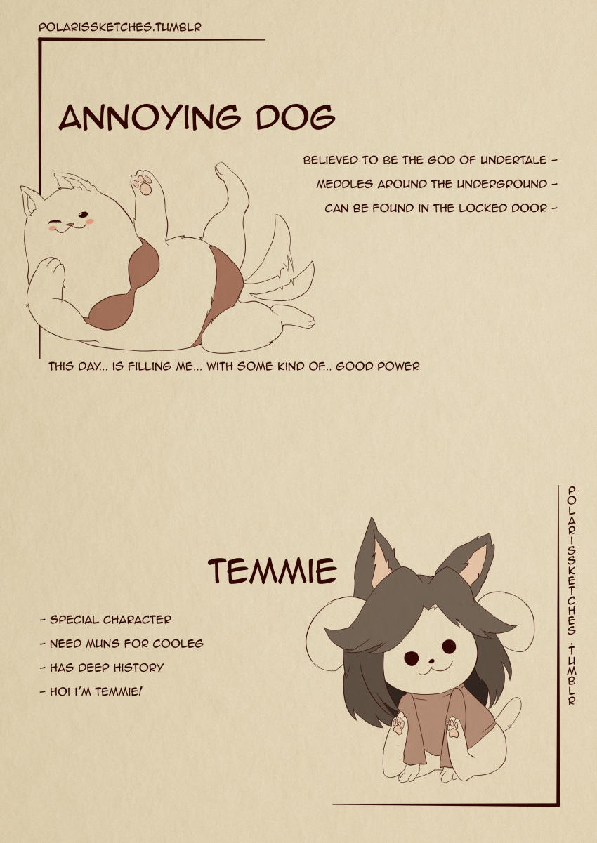 absurdres afterimage alternate_costume annoying_dog bikini blush_stickers character_name character_sheet dog english engrish highres lying monochrome no_humans on_side one_eye_closed polaris_(polarissketches) ranguage sepia sitting swimsuit tail_wagging temmie undertale watermark web_address