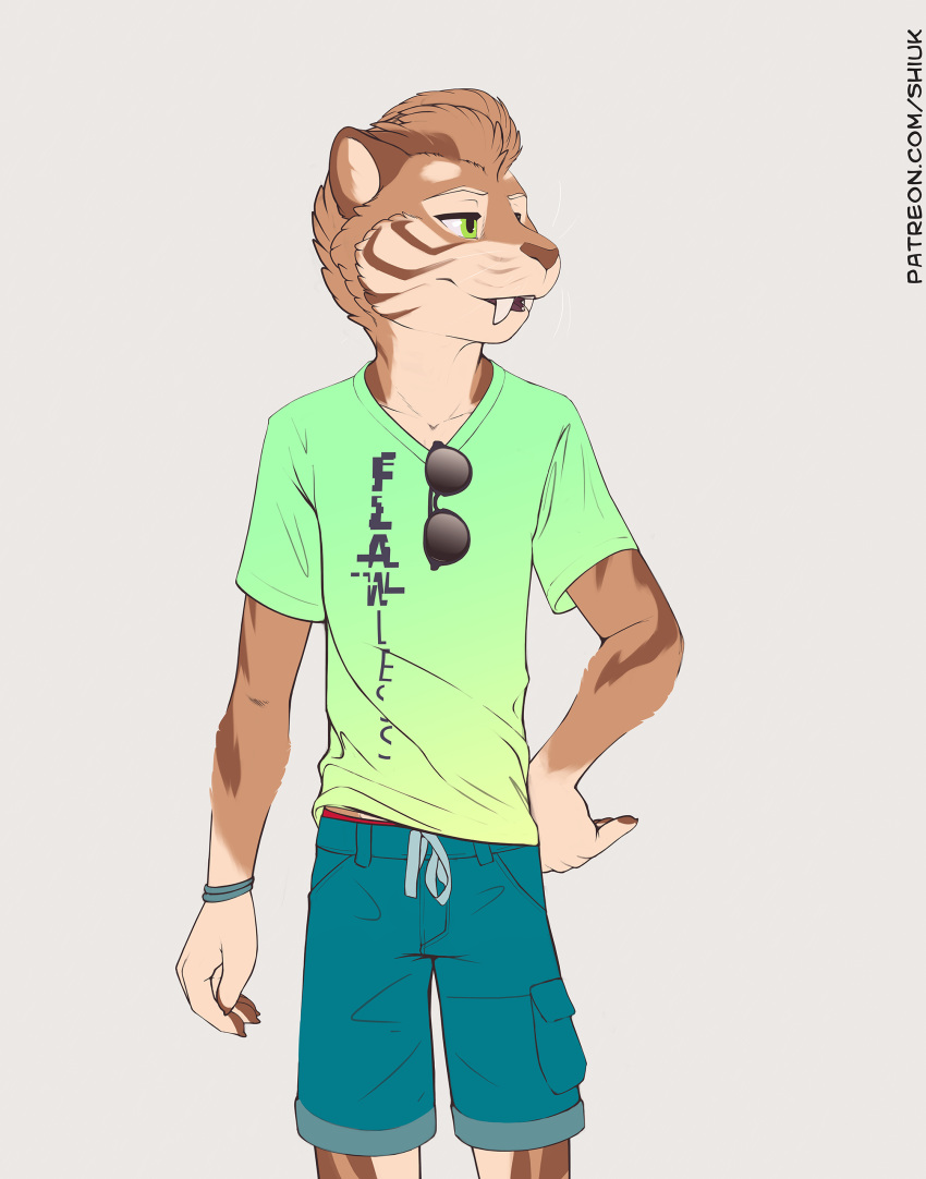 clothing eyewear feline green_eyes male mammal saber-toothed_cat shirt shiuk shorts simple_background solo sunglasses t-shirt teenager whiskers young