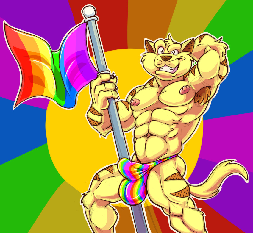 2016 4_fingers abs absurd_res anthro armpit_hair biceps big_muscles biped body_hair brown_nose bulge cat chance_furlong claws clothed clothing digital_drawing_(artwork) digital_media_(artwork) feline flag flagpole fur gay_pride grin griz_urso hand_behind_head hi_res humanoid_hands looking_at_viewer male mammal manly muscular muscular_male nipples paws pecs penis_outline pink_nipples rainbow rainbow_background rainbow_flag rainbow_symbol simple_background smile solo striped_fur stripes super_gay swat_kats tan_fur teeth thong topless yellow_fur