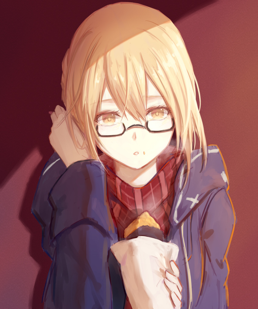 :o adjusting_hair artoria_pendragon_(all) bangs black-framed_eyewear blonde_hair blush fate/grand_order fate_(series) food food_on_face glasses hair_tucking highres jacket light long_sleeves looking_at_viewer medium_hair mysterious_heroine_x_(alter) open_clothes open_jacket parted_lips purple_jacket red_background red_scarf scarf semi-rimless_eyewear solo steam sweet_potato under-rim_eyewear wrapper xing_muhen yellow_eyes