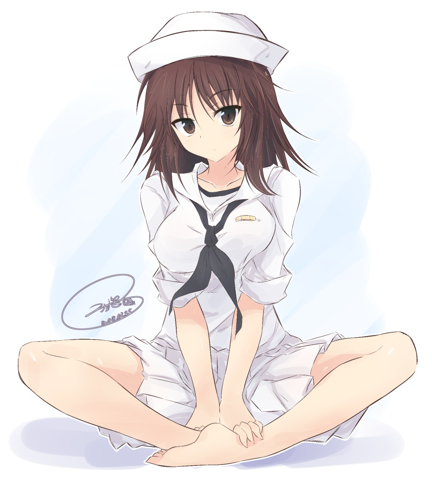 arm_support artist_name bangs barefoot black_hair black_neckwear blouse breasts closed_mouth commentary dixie_cup_hat full_body getsumen_suibaku_ver._a(c) girls_und_panzer hands_on_legs hat head_tilt highres indian_style light_frown long_hair long_sleeves looking_at_viewer medium_breasts military_hat miniskirt murakami_(girls_und_panzer) neckerchief no_legwear ooarai_naval_school_uniform pleated_skirt sailor sailor_collar school_uniform signature sitting skirt sleeves_rolled_up solo v_arms white_background white_blouse white_hat white_skirt