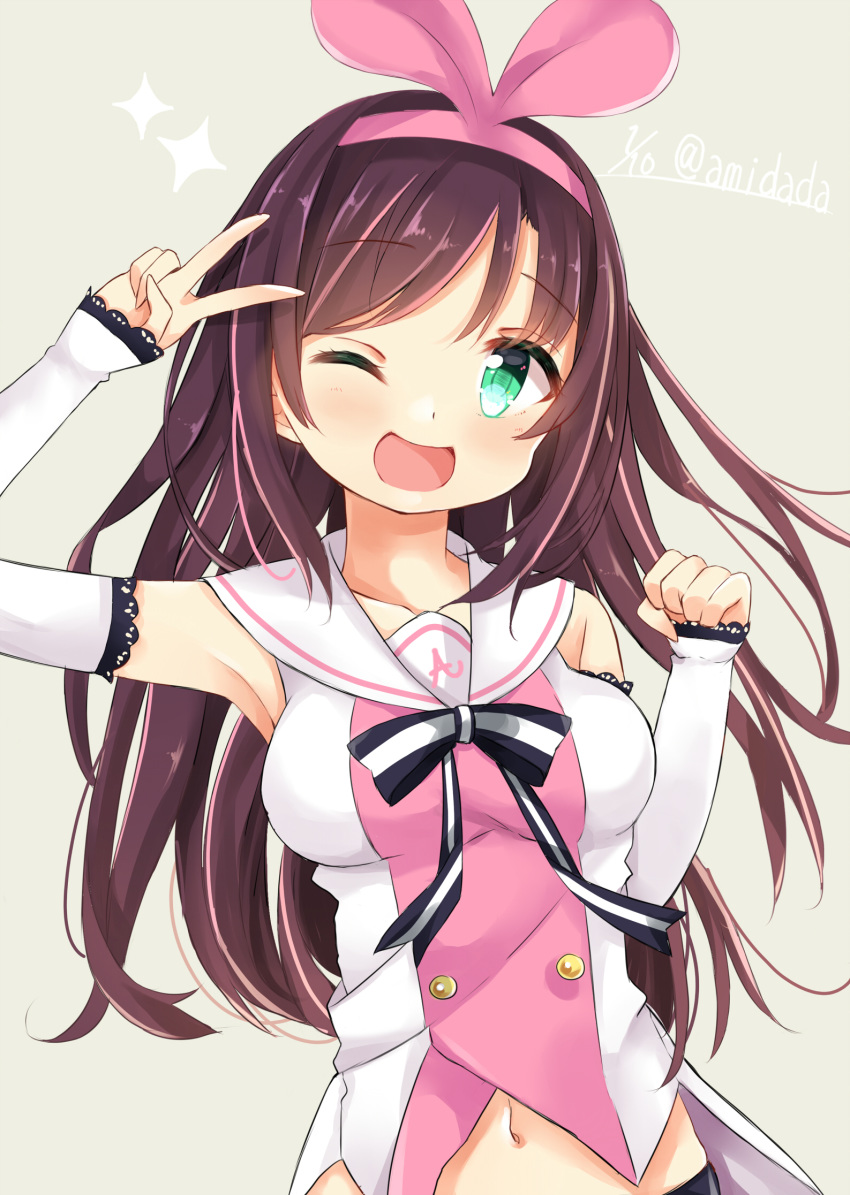 ;d a.i._channel amidada arm_up bangs bare_shoulders blush breasts brown_background brown_hair collarbone detached_sleeves eyebrows_visible_through_hair green_eyes hair_ribbon hairband hand_up highres kizuna_ai long_hair long_sleeves medium_breasts multicolored_hair navel one_eye_closed open_mouth pink_hair pink_hairband pink_ribbon ribbon shirt simple_background sleeveless sleeveless_shirt sleeves_past_wrists smile solo sparkle streaked_hair twitter_username v very_long_hair virtual_youtuber white_shirt