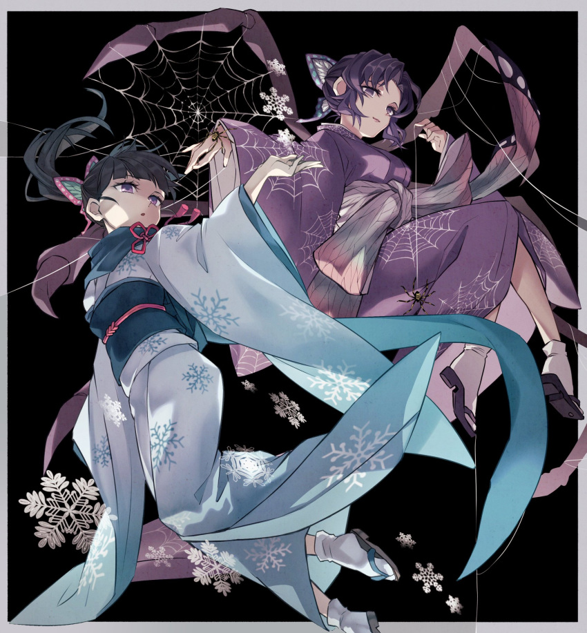 2girls adapted_costume animal animal_on_hand arthropod_girl black_background black_hair blowing blue_kimono blue_scarf blunt_bangs border bug butterfly_hair_ornament closed_mouth empty_eyes floating floating_hair from_below hair_ornament hand_up highres invisible_chair japanese_clothes kimetsu_no_yaiba kimono kochou_shinobu light_smile long_sleeves looking_at_viewer looking_away looking_to_the_side morita_yuu multiple_girls obi outstretched_arm outstretched_arms plantar_flexion ponytail purple_eyes purple_hair purple_kimono sash scarf shoe_soles silk simple_background sitting snowflake_print snowflakes snowing socks spider spider_girl spider_web tabi tassel tsuyuri_kanao updo white_border white_socks wide_sleeves yuki_onna zouri