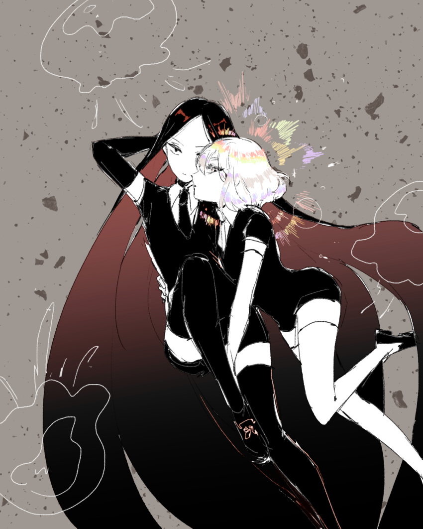 absurdly_long_hair androgynous black_footwear black_gloves black_hair black_legwear black_neckwear black_shirt bort carrying collared_shirt crystal_hair diamond_(houseki_no_kuni) elbow_gloves gem gem_uniform_(houseki_no_kuni) gloves highres houseki_no_kuni hungry_jamal long_hair looking_at_viewer multicolored_hair multiple_others necktie princess_carry shiny shiny_hair shirt shoes short_hair short_sleeves thighhighs two-tone_hair very_long_hair white_legwear