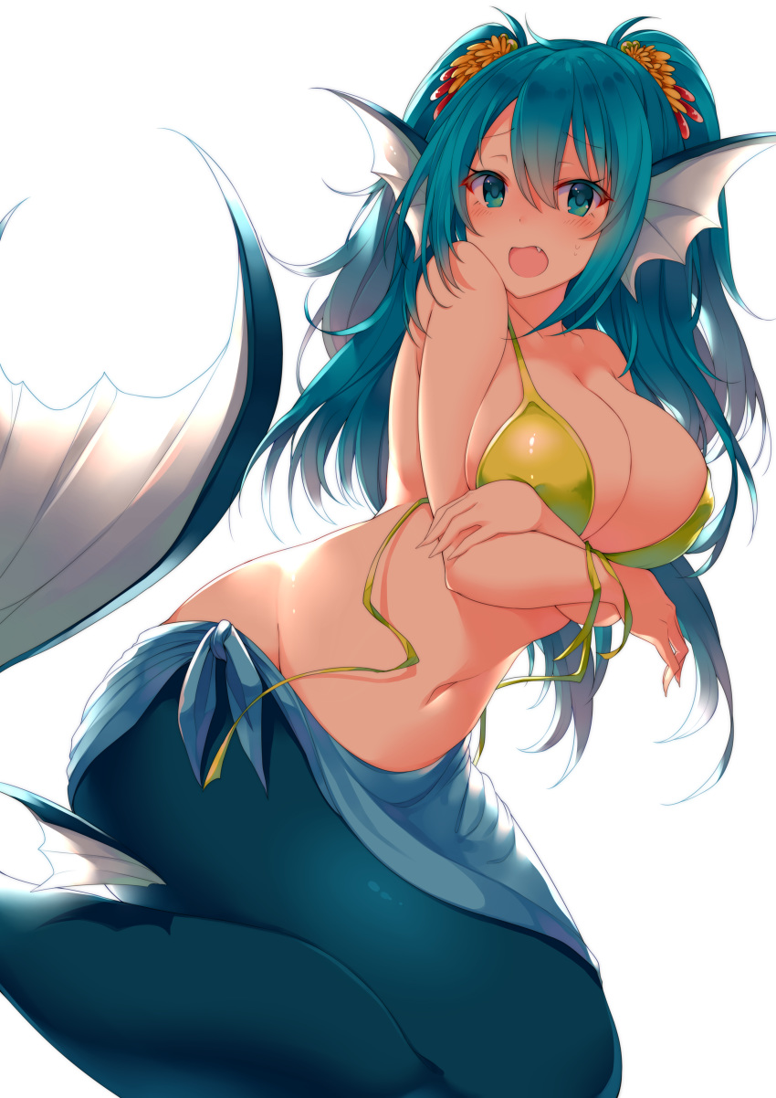 absurdres ahoge arms_under_breasts bare_arms bare_shoulders bikini bikini_top blue_eyes blue_hair blush breast_hold breasts cleavage colored_eyelashes covered_nipples embarrassed fang flower groin hair_flower hair_ornament head_fins highres large_breasts leaning_forward long_hair looking_at_viewer matsunoki_(unknown_751) mermaid monster_girl navel open_mouth original sarong shiny shiny_clothes simple_background solo stomach sweatdrop swimsuit twintails untied untied_bikini very_long_hair white_background yellow_bikini_top