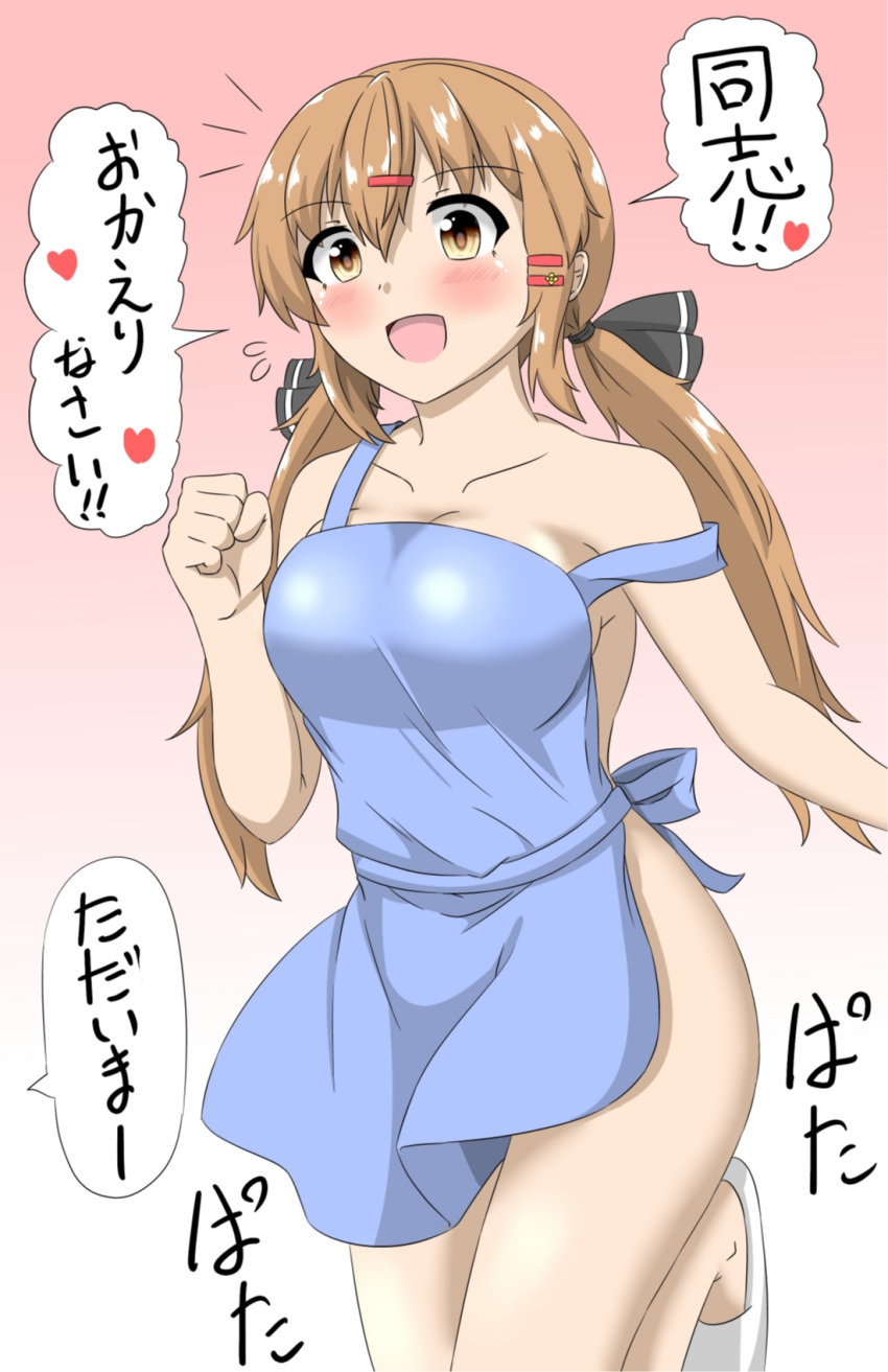 apron black_bow bow breasts brown_eyes brown_hair commentary_request eyebrows_visible_through_hair gradient gradient_background hair_between_eyes hair_ornament hairclip highres kantai_collection large_breasts looking_at_viewer naked_apron no_bra no_panties sakuramai_(sakuramai_0525) shoes simple_background solo tashkent_(kantai_collection) translated twintails underwear undressing