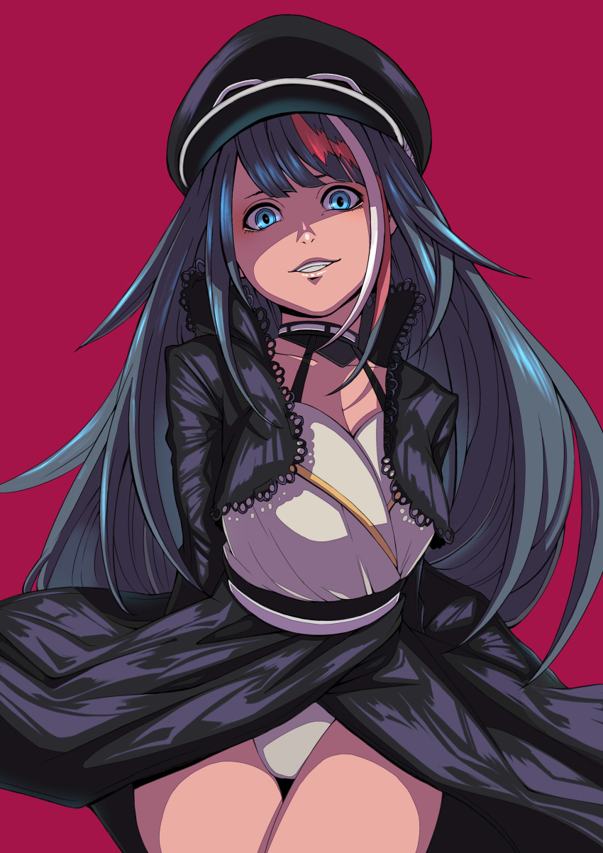 absurdres arms_behind_back azur_lane bangs black_hair black_hat black_jacket blue_eyes breasts cleavage collarbone commentary_request cropped_jacket crossed_legs deutschland_(azur_lane) eyebrows_visible_through_hair gloves goggles goggles_on_headwear hat highres iron_cross jacket long_hair long_sleeves looking_at_viewer mine1225 multicolored_hair open_mouth panties pantyshot parted_lips partial_commentary peaked_cap pink_background red_hair shaded_face silver_hair simple_background smile smirk streaked_hair thighs underwear upper_body very_long_hair white_panties