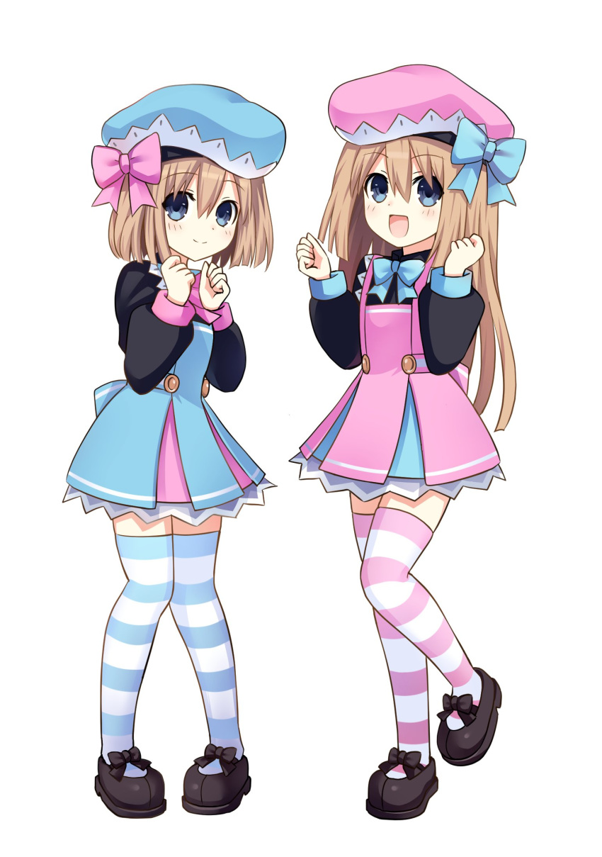 :d beret blue_bow blue_eyes blush bow brown_hair dress full_body gekijigen_tag:_blanc_+_neptune_vs_zombie_gundan hair_between_eyes hands_up hat highres long_hair looking_at_viewer mary_janes multiple_girls neptune_(series) open_mouth pink_bow ram_(choujigen_game_neptune) rom_(choujigen_game_neptune) shoes short_hair siblings simple_background sisters smile standing standing_on_one_leg striped striped_legwear twins white_background zero_(ray_0805)