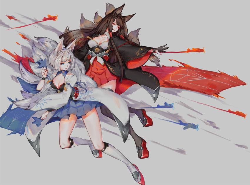 aiguillette akagi_(azur_lane) animal_ears azur_lane bangs black_gloves black_legwear blue_eyes blue_skirt blunt_bangs blush bob_cut breasts brown_hair cleavage commentary_request eyebrows_visible_through_hair flight_deck floating_hair fox_ears fox_tail gloves grey_background hair_between_eyes hair_ribbon head_tilt highres holding japanese_clothes kaga_(azur_lane) kneehighs large_breasts long_hair looking_afar looking_at_viewer mask multiple_girls multiple_tails onmyouji outstretched_hand parted_lips partly_fingerless_gloves pleated_skirt red_eyes red_skirt ribbon rigging rudder_shoes saimon_ma shikigami short_hair sidelocks simple_background skirt smile tail tassel thighhighs thighs tress_ribbon white_hair white_legwear wide_sleeves wind wind_lift wristband
