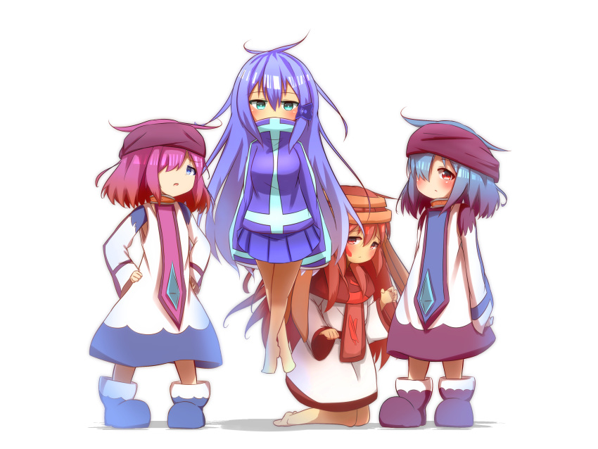 3girls absurdres ai_(idaten93) bandana bangs barefoot blue_eyes blue_footwear blue_hair blue_shirt blue_skirt blush boots brown_hair commentary_request covered_mouth dress eyebrows_visible_through_hair facial_mark gradient_hair hair_between_eyes hair_ornament hair_over_one_eye hands_on_hips highres idaten93 kneeling laila_a._sparrow long_hair long_sleeves looking_at_viewer multicolored_hair multiple_girls original parted_lips pleated_skirt purple_footwear purple_hair red_eyes red_hair rom_(idaten93) rura_(idaten93) shirt sidelocks skirt sleeves_past_fingers sleeves_past_wrists standing very_long_hair white_background white_dress wide_sleeves