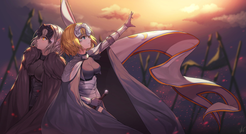 arm_up armor armored_dress bangs black_cape black_dress black_gloves black_legwear blonde_hair breasts brown_eyes cape closed_mouth cloud commentary_request dress eyebrows_visible_through_hair fate/apocrypha fate/grand_order fate_(series) fur-trimmed_cape fur_trim gloves green_eyes hair_between_eyes headpiece highres jeanne_d'arc_(alter)_(fate) jeanne_d'arc_(fate) jeanne_d'arc_(fate)_(all) large_breasts lee_seok_ho looking_at_viewer looking_up multiple_girls outdoors outstretched_arm short_hair silver_hair sky thighhighs vambraces