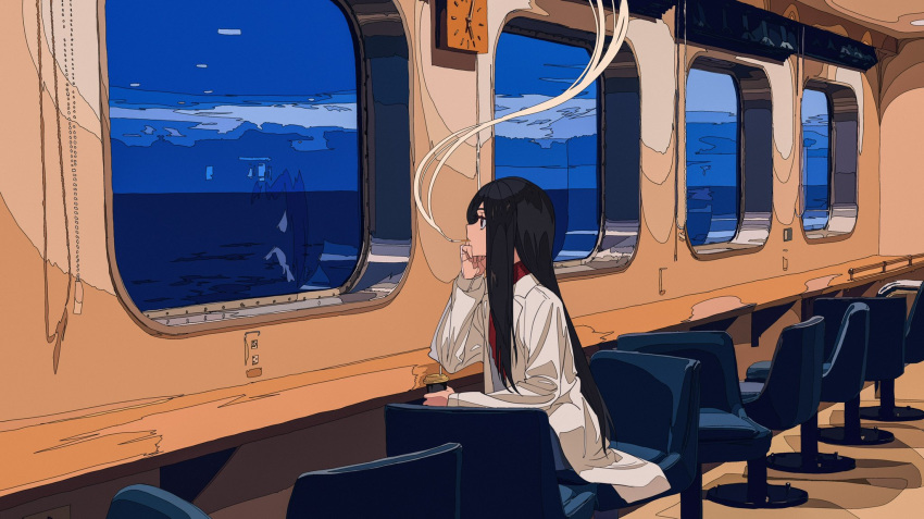 arm_rest arm_support black_eyes black_hair chair chin_rest cigarette clock cloud coat cup disposable_cup highres holding holding_cup indoors kogecha_(coge_ch) long_hair long_sleeves looking_away looking_out_window ocean open_clothes open_coat original profile red_scarf scarf smoke smoking solo very_long_hair white_coat window