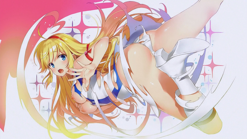 16:9_aspect_ratio 1girl blonde_hair blue_eyes blush boots breasts censored choker cutie_honey_universe decensored exploding_clothes female hairband kisaragi_honey large_breasts long_hair magical_girl nipples open_mouth solo torn_clothes very_long_hair white_footwear yuuki_hagure