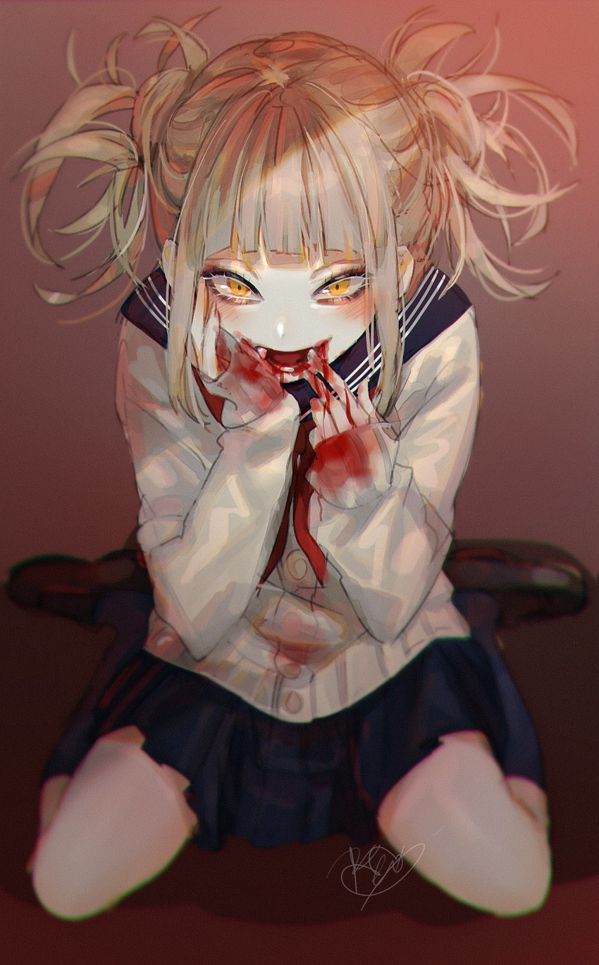 bags_under_eyes bangs beni_(bn12x20) blonde_hair blood blood_from_mouth bloody_clothes blue_skirt blush boku_no_hero_academia cardigan commentary_request double_bun fang finger_to_mouth gradient gradient_background hand_on_own_cheek highres kneehighs loafers looking_at_viewer makeup mascara medium_hair messy_hair school_uniform serafuku shadow shoes signature sitting skirt sleeves_past_wrists smile solo toga_himiko wariza yellow_eyes