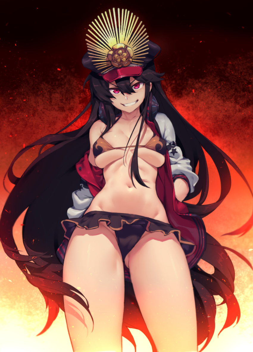 bikini black_hair fate/grand_order fate_(series) hat headphones headphones_around_neck highres jacket long_hair looking_at_viewer navel oda_nobunaga_(fate) oda_nobunaga_(swimsuit_berserker)_(fate) peaked_cap red_eyes smile solo swimsuit try