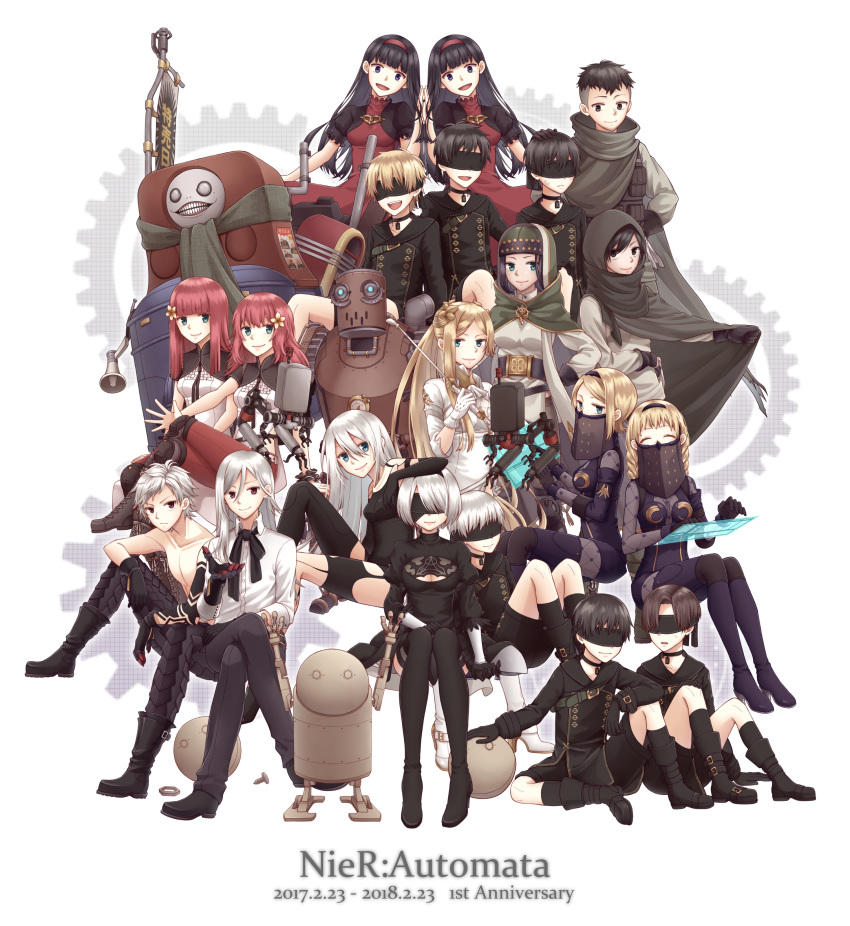 6+girls :d ^_^ absurdres adam_(nier_automata) anemone_(nier_automata) anniversary black_blindfold black_eyes black_gloves black_hair black_hairband black_jacket black_legwear black_pants black_shorts blindfold blonde_hair blue_eyes boots braid breasts brown_hair character_request cleavage cleavage_cutout cloak closed_eyes commentary_request copyright_name crossed_legs devola double-breasted dress elbow_gloves emil_(nier) eve_(nier_automata) everyone flower frown full_body gears gloves green_eyes grey_eyes hair_between_eyes hair_flower hair_ornament hairband hand_on_another's_head hands_together highres hood hood_up hooded_cloak jackass jacket jewelry knees_up long_hair looking_at_viewer machine_(nier) medium_breasts multiple_boys multiple_girls n2_(nier_automata) necklace nier_(series) nier_automata open_mouth operator_21o operator_6o pants pascal_(nier_automata) pod_(nier_automata) ponytail popola puffy_short_sleeves puffy_sleeves purple_eyes red_dress red_eyes red_hair red_hairband red_pants robot shirt shirtless short_hair short_sleeves shorts siblings silver_hair sisters sitting small_breasts smile tamakingx422x thigh_boots thighhighs torn_clothes torn_legwear twins veil very_long_hair white_gloves white_shirt yorha yorha_infantry_squad_commander yorha_no._2_type_b yorha_no._9_type_s yorha_type_a_no._2