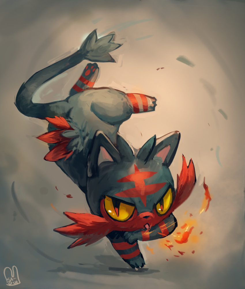 cat_focus commentary_request fire gen_7_pokemon highres litten looking_at_viewer no_humans pokemon pokemon_(creature) red_eyes sa-dui signature slit_pupils solo speedpaint standing standing_on_one_leg yellow_sclera