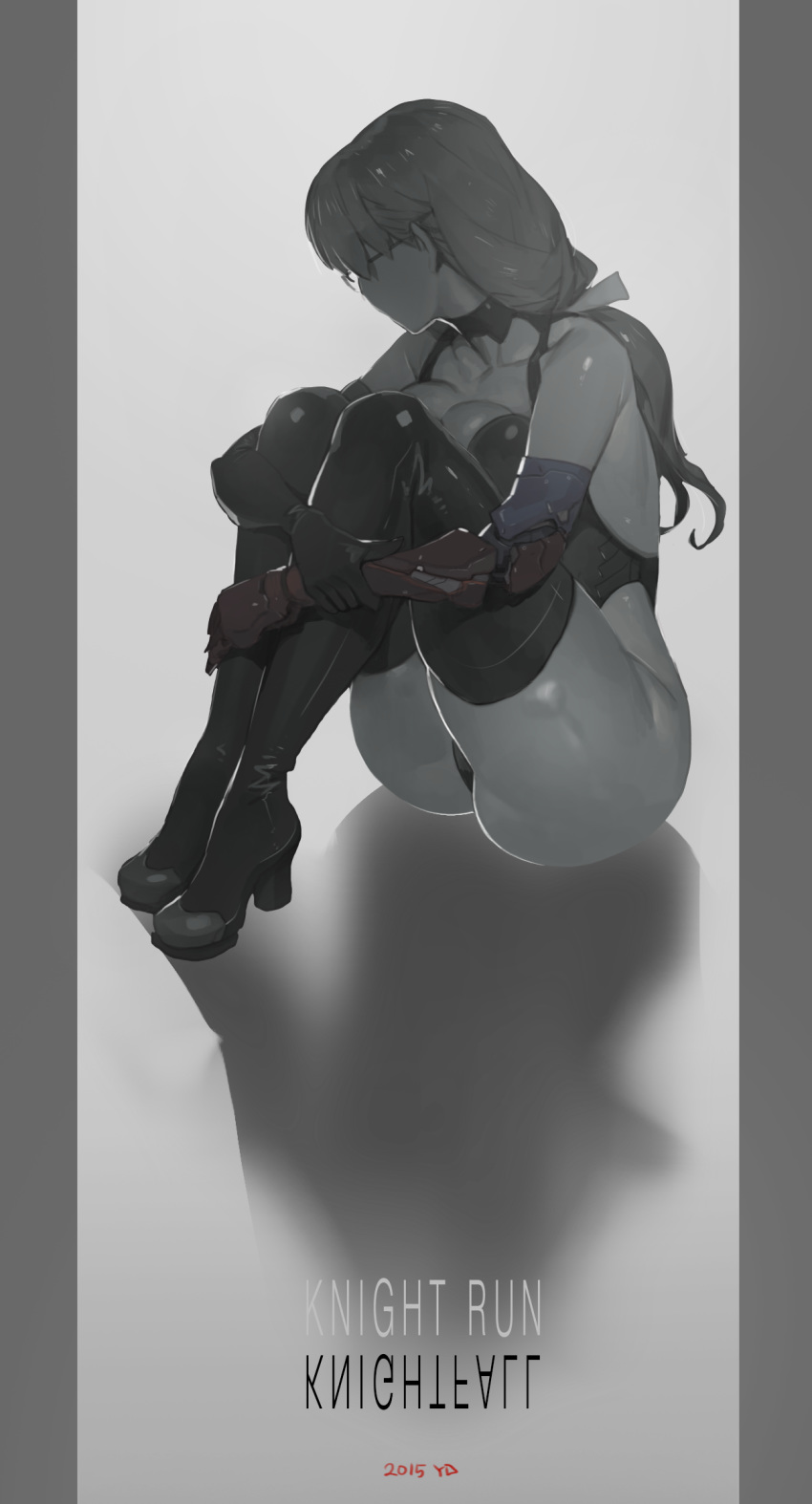 ass bare_shoulders boots breast_press breasts choker commentary_request dated facing_away glasses high_heel_boots high_heels highres knight_run large_breasts leg_hug leotard long_hair low-tied_long_hair mechanical_arm muted_color pillarboxed shadow signature solo thigh_boots thighhighs yang-do
