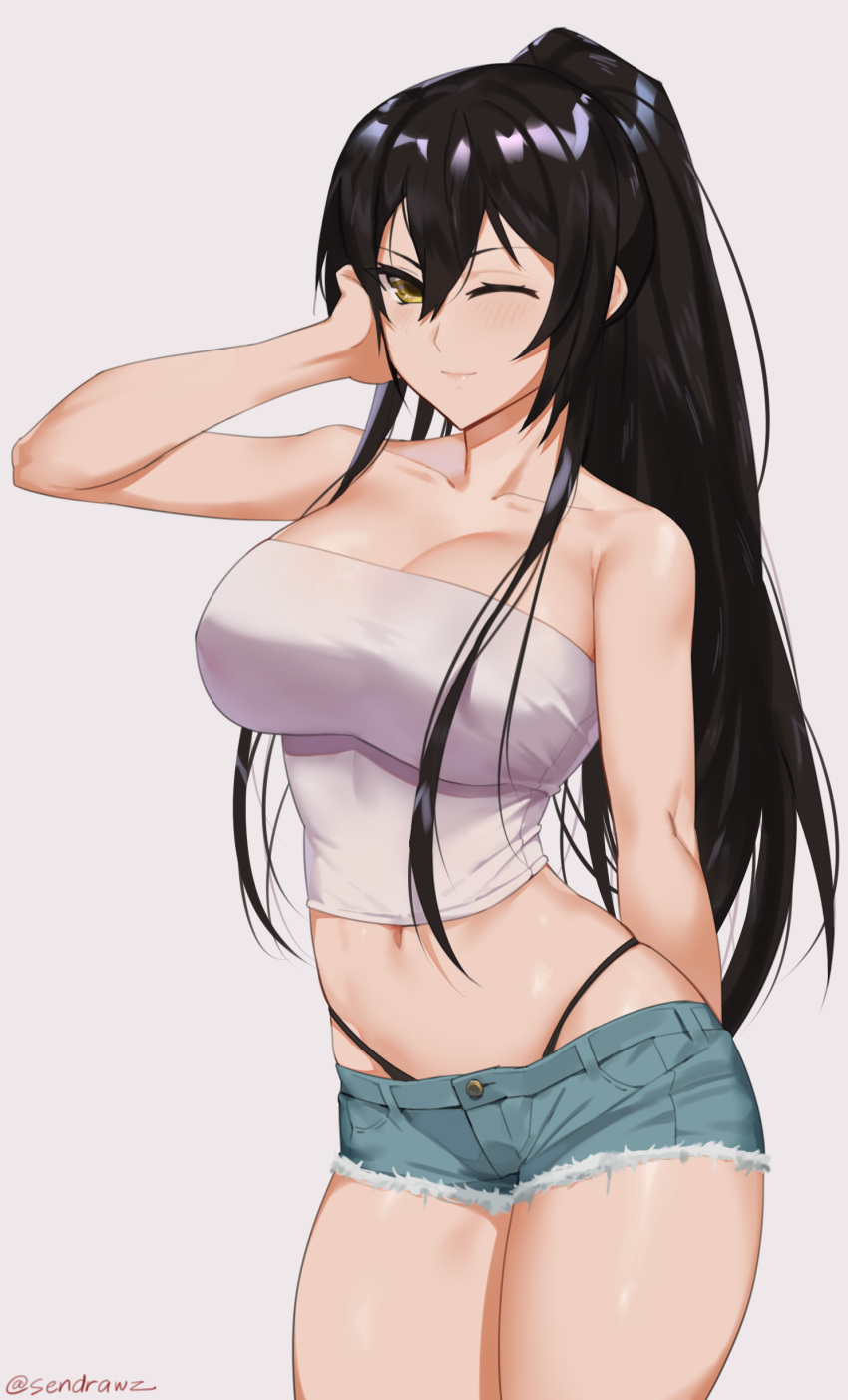 absurdres arm_behind_back bare_shoulders black_hair black_panties blush breasts cleavage closed_mouth collarbone commentary_request grey_background hair_between_eyes hand_on_own_cheek highleg highleg_panties highres idolmaster idolmaster_shiny_colors large_breasts legs_together long_hair looking_at_viewer midriff navel one_eye_closed panties ponytail sendrawz shiny shiny_hair shirase_sakuya shirt short_shorts shorts simple_background skindentation smile solo standing strapless thighs thong tubetop twitter_username underwear yellow_eyes