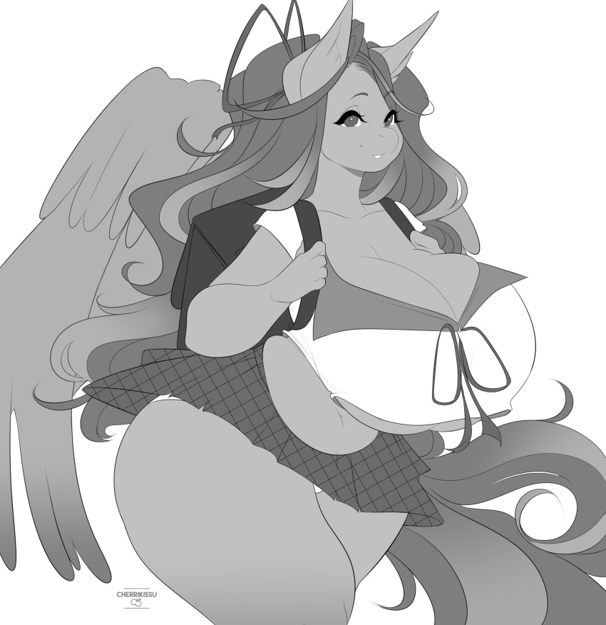 big_breasts bow breasts cherrikissu clothing equine feathers female greyscale hair hair_bow hair_ribbon horse huge_breasts japanese_uniform long_hair mammal midnight_mist miniskirt monochrome my_little_pony panties pegasus pony ribbons school_uniform simple_background sketch skirt under_boob underwear uniform voluptuous white_background wide_hips wings