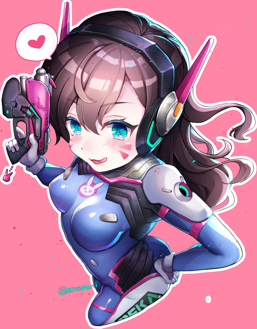 animal_print bangs blue_bodysuit bodysuit breasts brown_eyes brown_hair bunny_print clothes_writing cowboy_shot d.va_(overwatch) enepuni facepaint facial_mark foreshortening from_above gloves gun hand_on_hip headphones heart high_collar highres holding holding_gun holding_weapon licking_lips long_hair looking_at_viewer outline overwatch parted_lips pilot_suit pink_background pink_lips shoulder_pads simple_background skin_tight small_breasts solo speech_bubble spoken_heart swept_bangs tongue tongue_out twitter_username weapon whisker_markings white_gloves