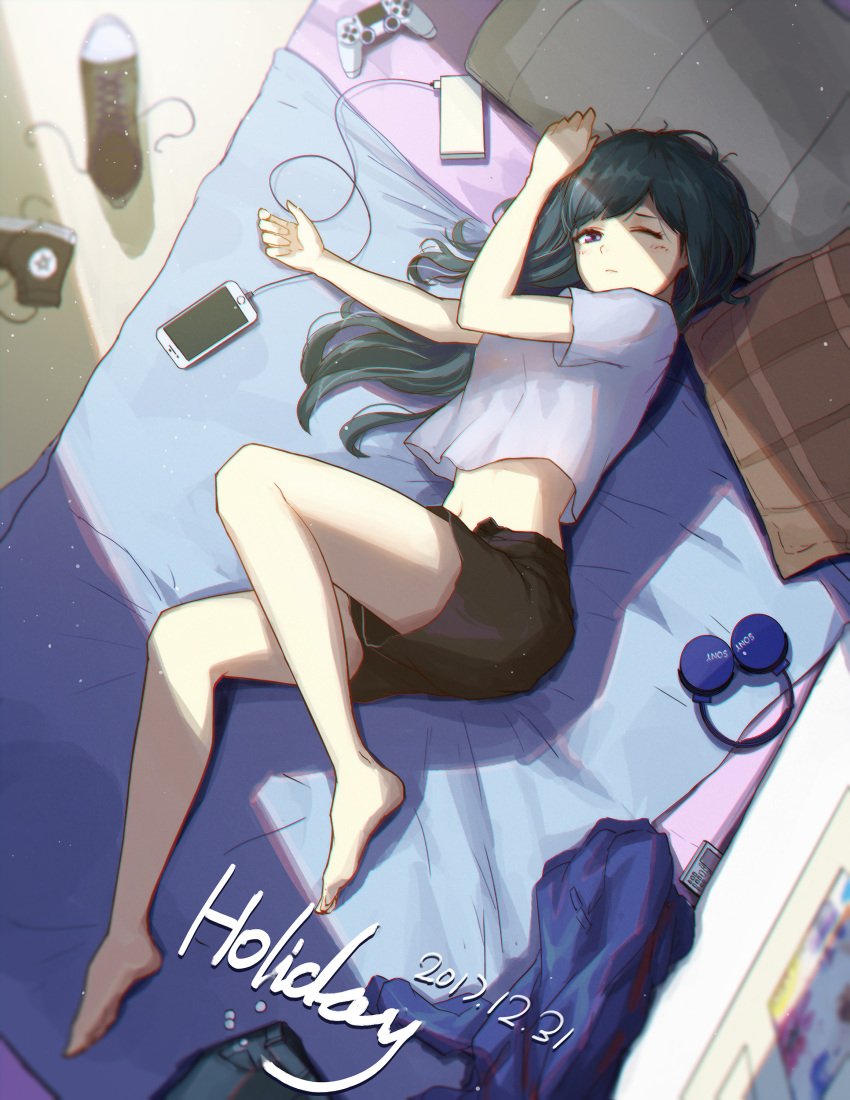 absurdres bare_legs bed bed_sheet black_hair cellphone controller crop_top game_controller headphones highres long_hair lying midriff navel on_side one_eye_closed original phone shoes shorts smartphone sneakers solo tank_top ziran_majiang