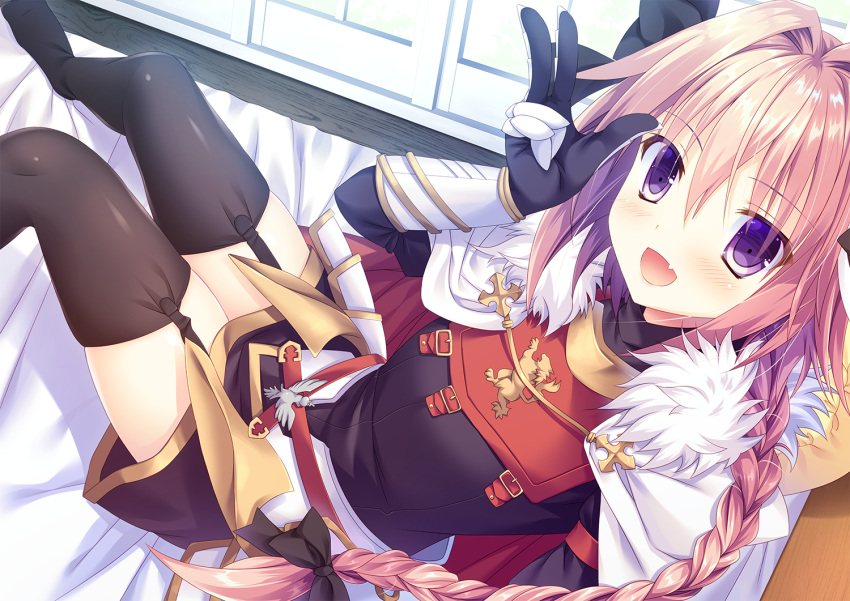 astolfo_(fate) black_bow black_ribbon bow braid commentary_request fang fate/apocrypha fate/grand_order fate_(series) garter_straps hair_intakes hair_ribbon licoco long_braid long_hair male_focus multicolored_hair otoko_no_ko pink_hair purple_eyes ribbon single_braid streaked_hair thighhighs
