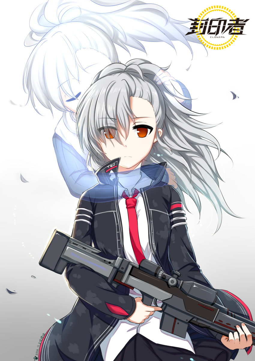 absurdres black_jacket black_skirt closed_eyes closers dress_shirt eyebrows_visible_through_hair floating_hair gun hair_between_eyes hand_on_another's_head highres holding holding_gun holding_weapon hug hug_from_behind jacket long_hair looking_at_viewer miaozi-san miniskirt multiple_girls necktie open_clothes open_jacket orange_eyes pleated_skirt ponytail red_neckwear shirt silver_hair skirt standing tina_(closers) weapon white_background white_shirt