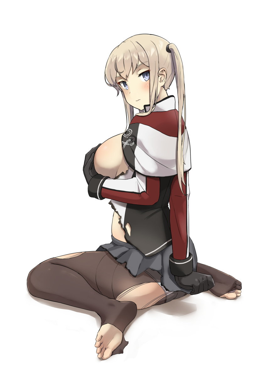 absurdres ass black_gloves blonde_hair blue_eyes blush breasts capelet closed_mouth commentary_request covering covering_ass covering_nipples feet from_behind gloves graf_zeppelin_(kantai_collection) grey_skirt hair_tie highres jacket kantai_collection large_breasts long_sleeves looking_at_viewer looking_back panties pantyhose pleated_skirt revision shirt simple_background sitting skirt skirt_tug soles solo soushou_nin toes torn_clothes torn_legwear torn_shirt torn_skirt twintails underwear wariza white_background white_panties