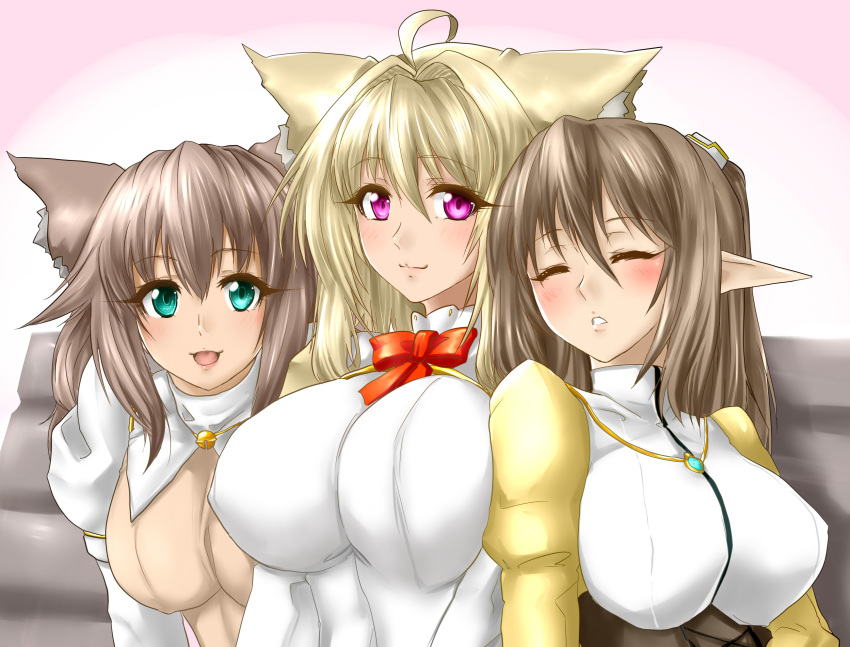 :d animal_ears bench blush bow bowtie breasts brown_hair closed_eyes commentary_request dress elf fox_ears green_eyes highres huge_breasts juliet_sleeves large_breasts long_hair long_sleeves looking_at_viewer minarai_tenna multiple_girls open_mouth original parted_lips pointy_ears puffy_sleeves purple_eyes red_neckwear sitting sleeping smile white_dress