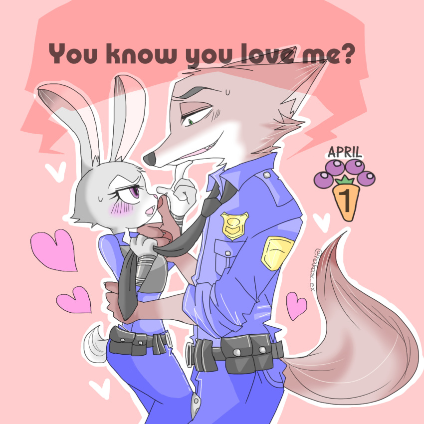 &lt;3 2016 anthro blush canine clothed clothing disney duo female fox fully_clothed fur hi_res holding_object judy_hopps lagomorph male mammal nakoox_ex necktie necktie_grab nick_wilde police_uniform rabbit simple_background size_difference sweat sweatdrop uniform zootopia