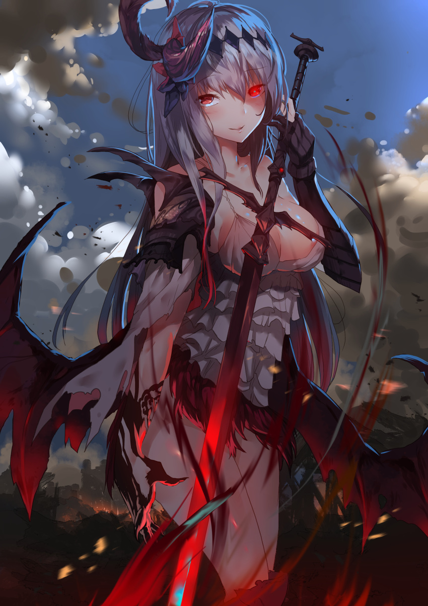 absurdres areolae armor black_wings breasts cleavage cloud collarbone dark_jeanne day detached_sleeves eyebrows_visible_through_hair granblue_fantasy grey_legwear hair_between_eyes highres holding holding_sword holding_weapon jeanne_d'arc_(granblue_fantasy) long_hair looking_at_viewer medium_breasts outdoors red_eyes sideboob silver_hair smile solo standing sword very_long_hair weapon wings yueqin_(monnpiano)