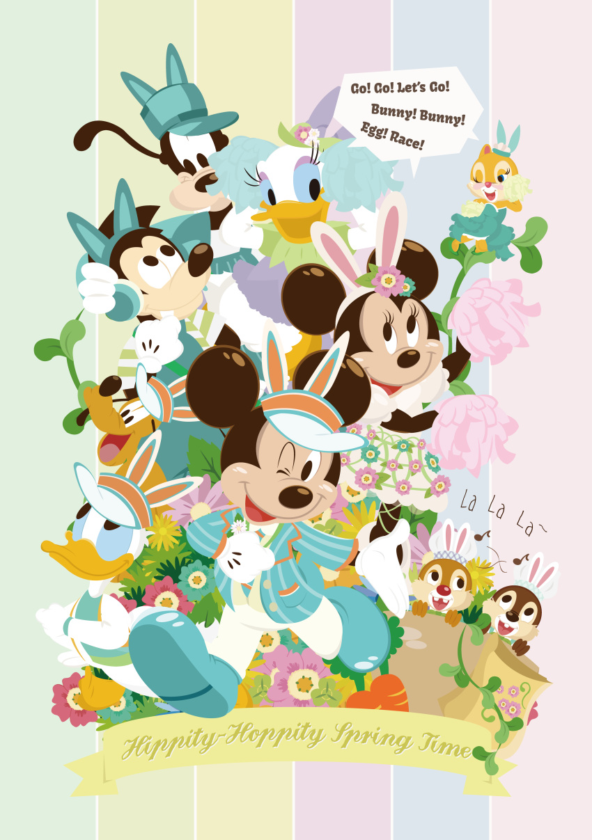 4_fingers absurd_res anthro avian beak bird black_nose blue_eyes blue_sclera brown_fur canine chip_'n_dale_rescue_rangers chip_(cdrr) chipmunk clarice_(disney) clothed clothing daisy_duck dale_(cdrr) digital_media_(artwork) disney dog donald_duck dress duck easter english_text eyelashes fake_ears fake_rabbit_ears female feral flower footwear fur goof_troop goofy_(disney) group hat hi_res holidays large_group lineless looking_at_another looking_up male mammal max_goof mickey_mouse minnie_mouse mouse musical_note one_eye_closed open_mouth open_smile pattern_background pink_nose plant pluto_(disney) pom_poms red_nose rodent round_ears shoes simple_background singing size_difference smile spring_(season) striped_background tan_fur text webbed_feet white_gloves wink yanagihara_masaki yellow_beak