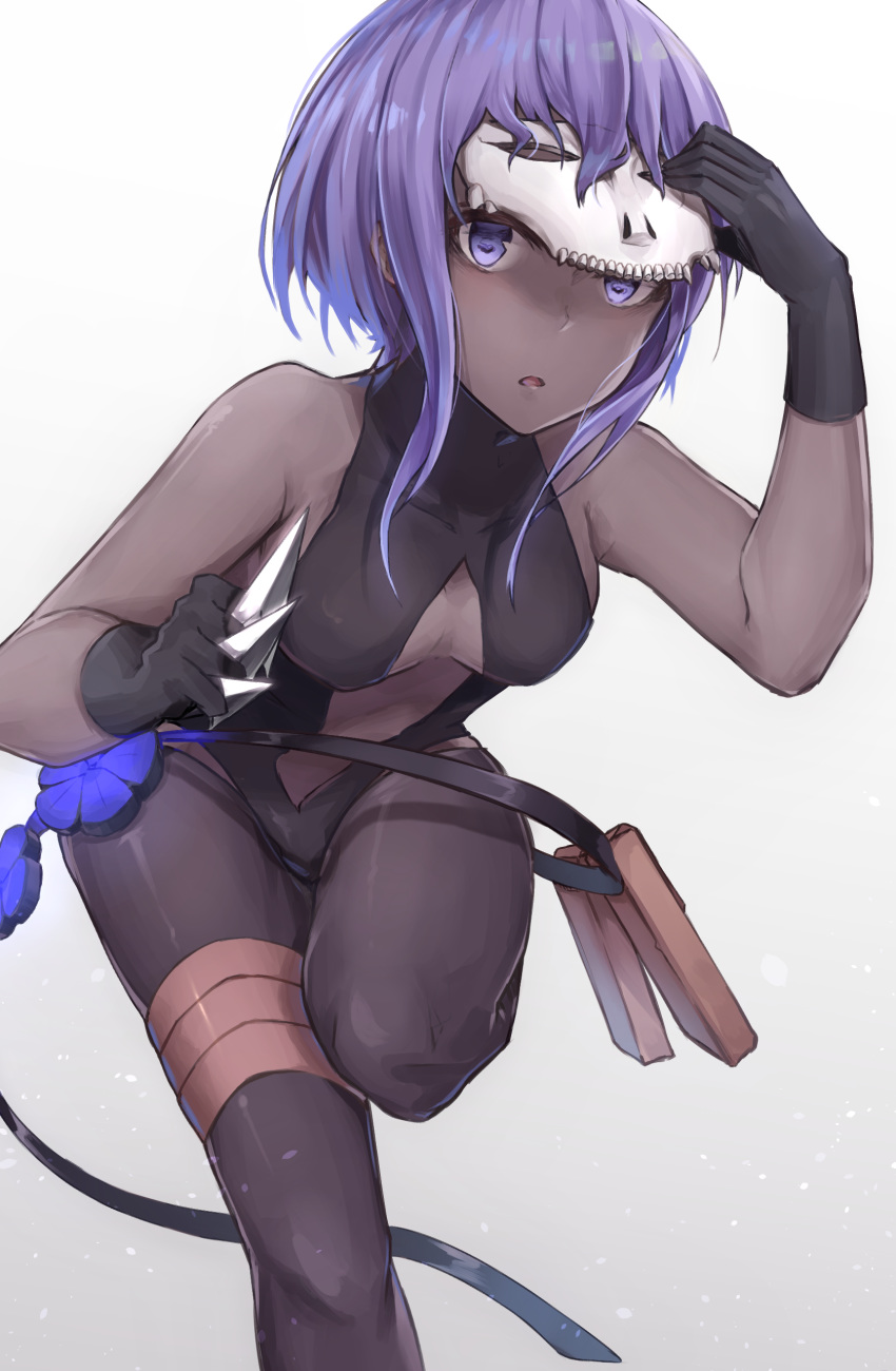absurdres bare_shoulders belt_pouch between_fingers black_cola black_gloves black_legwear black_leotard breasts cleavage_cutout dark_skin fate/grand_order fate/prototype fate/prototype:_fragments_of_blue_and_silver fate_(series) feet_out_of_frame flower gloves gradient gradient_background hassan_of_serenity_(fate) highres holding holding_weapon kunai leotard lifting_mask looking_at_viewer mask medium_breasts pantyhose parted_lips pouch purple_eyes purple_hair revealing_clothes short_hair sidelocks simple_background skull_mask solo weapon