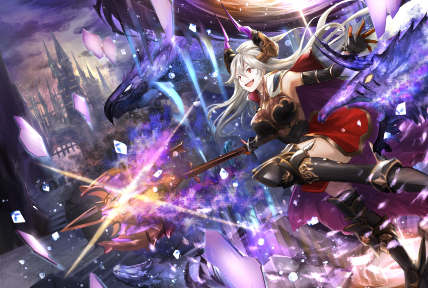 armored_boots armpits black_footwear boots breasts detached_sleeves fingerless_gloves floating_hair gloves granblue_fantasy holding holding_weapon koroneko_p0w0q large_breasts long_hair outdoors pleated_skirt poleaxe red_skirt shoulder_armor silver_hair skirt solo spaulders thalatha_(granblue_fantasy) thigh_boots thighhighs very_long_hair weapon