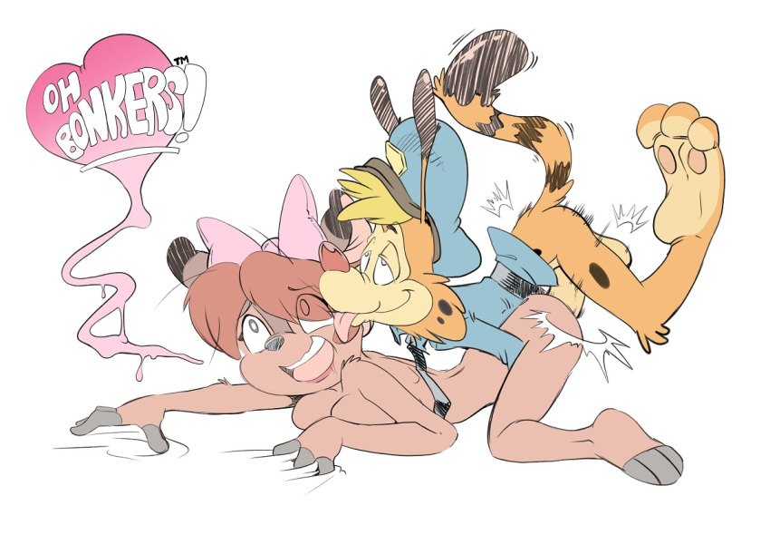 &lt;3 anthro balls bonkers bonkers_(series) bottomless breasts cervine clothed clothing deer dialogue disney duo english_text fawn_deer feline female kandlin lynx male male/female mammal nude open_mouth orgasm_face penis sex text tongue tongue_out