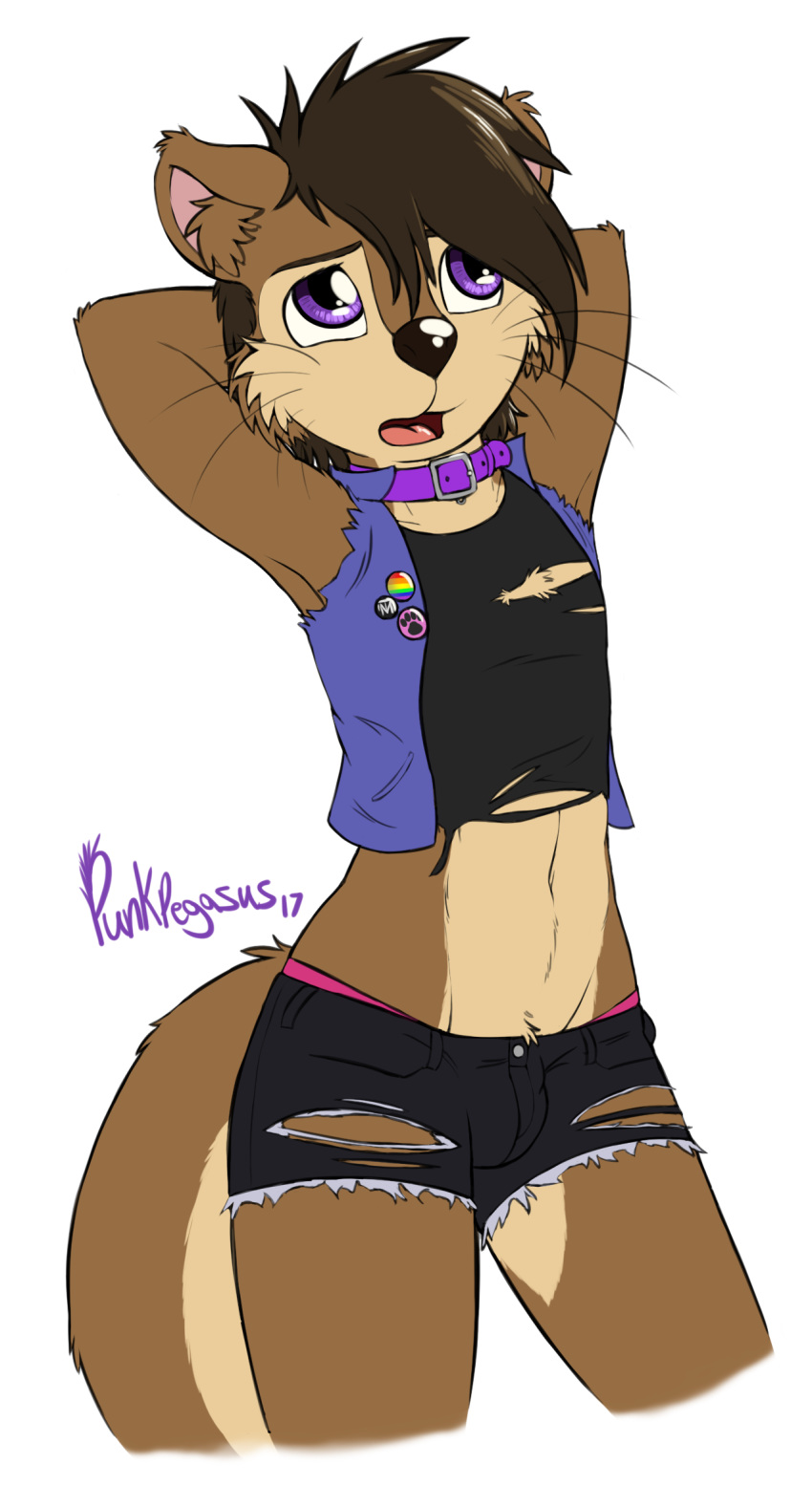 2017 anthro brown_fur brown_hair bulge button_(disambiguation) clothed clothing collar denim_shorts fur girly hair hi_res male mammal midriff multicolored_fur mustelid navel open_mouth otter ozzy_otter punk-pegasus purple_eyes shorts simple_background solo torn_clothing tuft two_tone_fur underwear vest whiskers white_background