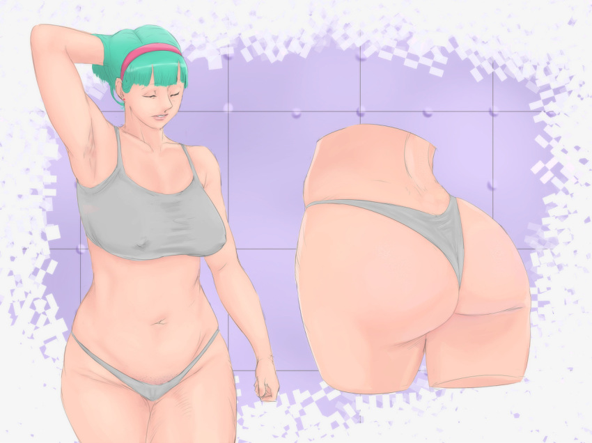 1girl adjusting_hair arm_up armpits ass bare_arms bare_legs bare_shoulders breasts bulma cowboy_shot cropped_legs curvy dragon_ball dragonball_z earrings erect_nipples eyes_closed green_hair grey_clothes hairband highres hips large_breasts legs mound_of_venus navel parted_lips pubic_hair pubic_hair_peek red_hairband short_hair simple_background solo sports_bra standing thighs thong